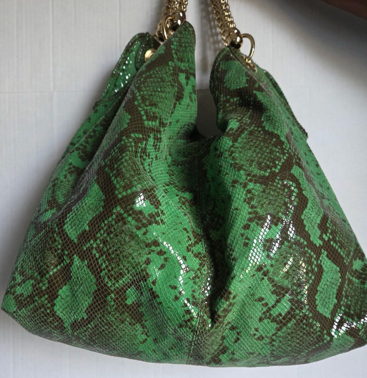 Antonio Melani Green Snake Print Leather Hobo Shoulder Bag Gold Chain Large