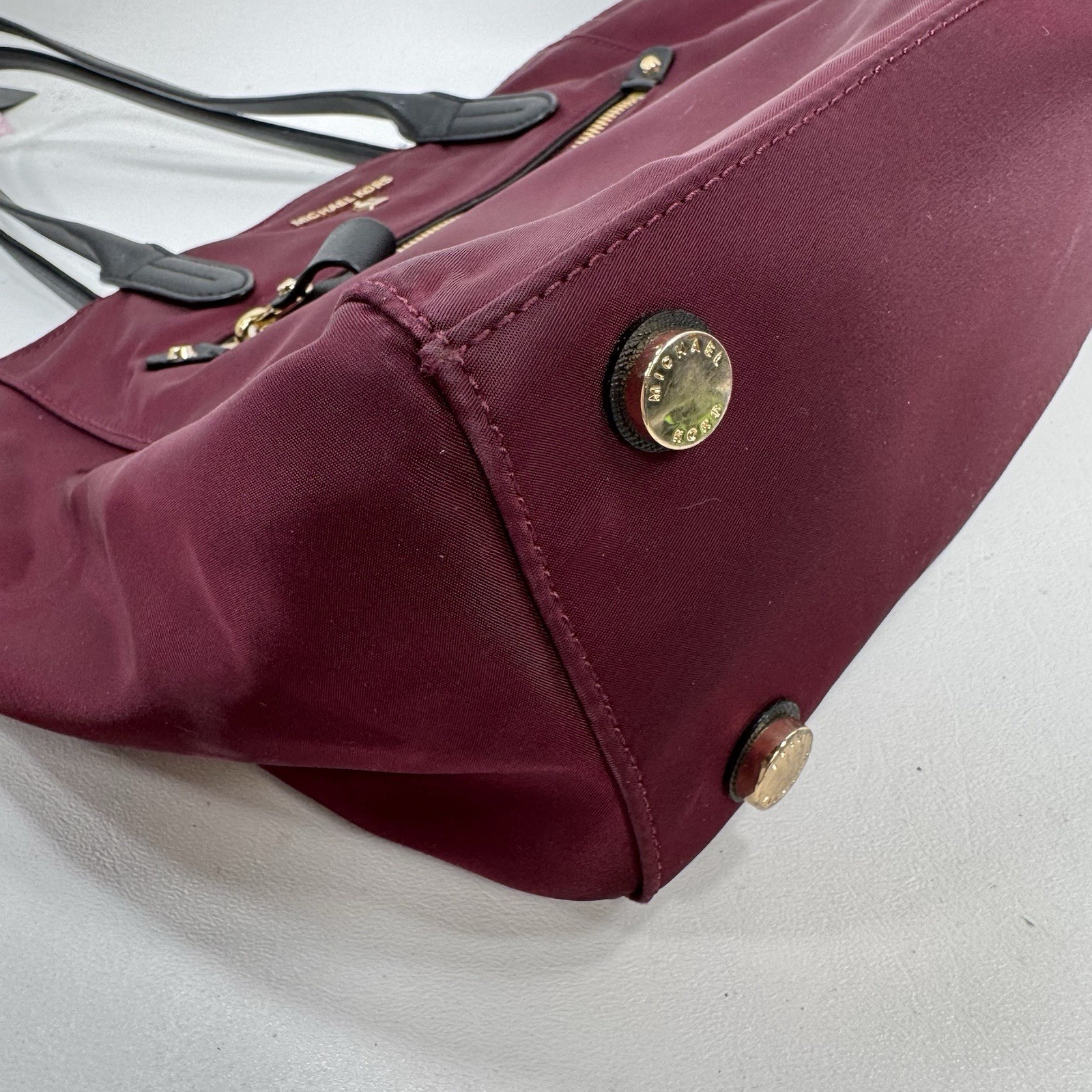 Michael Kors Maroon Nylon Kelsey Tote Bag Gold Hardware Zip Top Shoulder Bag