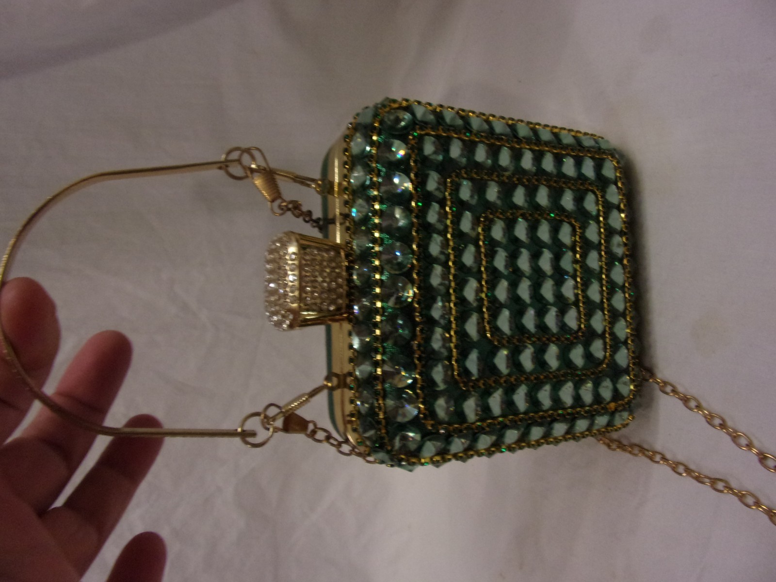Ladies Emerald Green Rhinestone Front Small Perfume Bottle Evening Bag