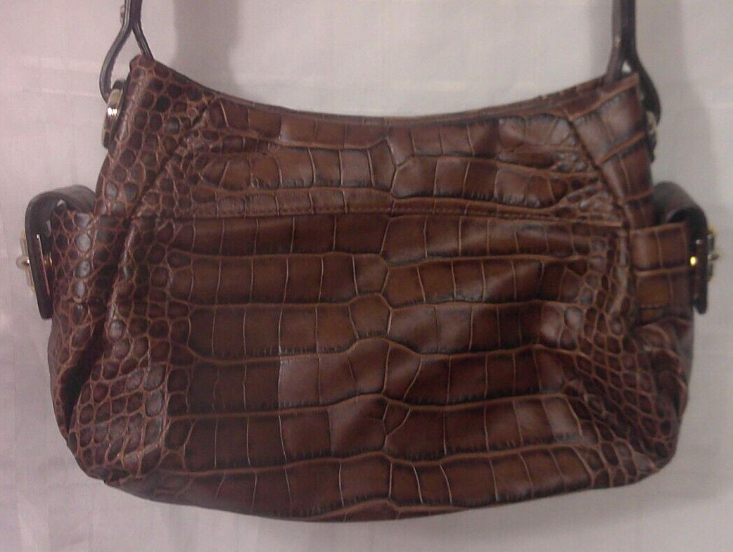 B Makowsky Brown Leather Alligator Embossed Handbag Tote Purse Bag