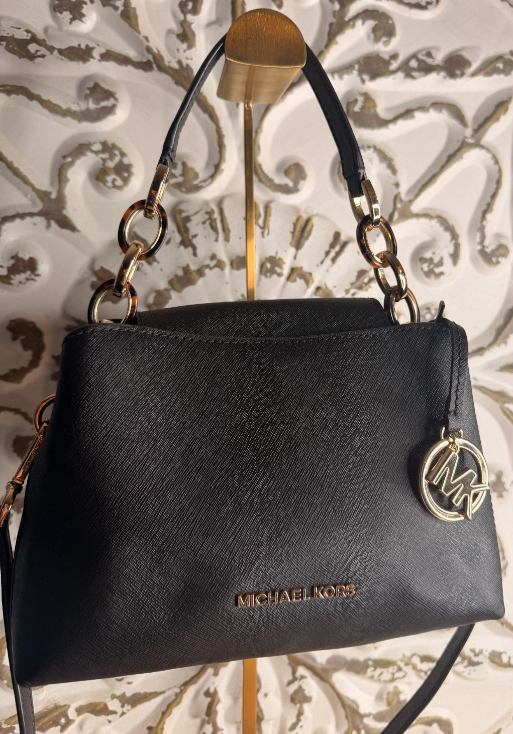 Michael Kors Sofia Small Satchel Black Saffiano Leather Gold Chain Shoulder Bag