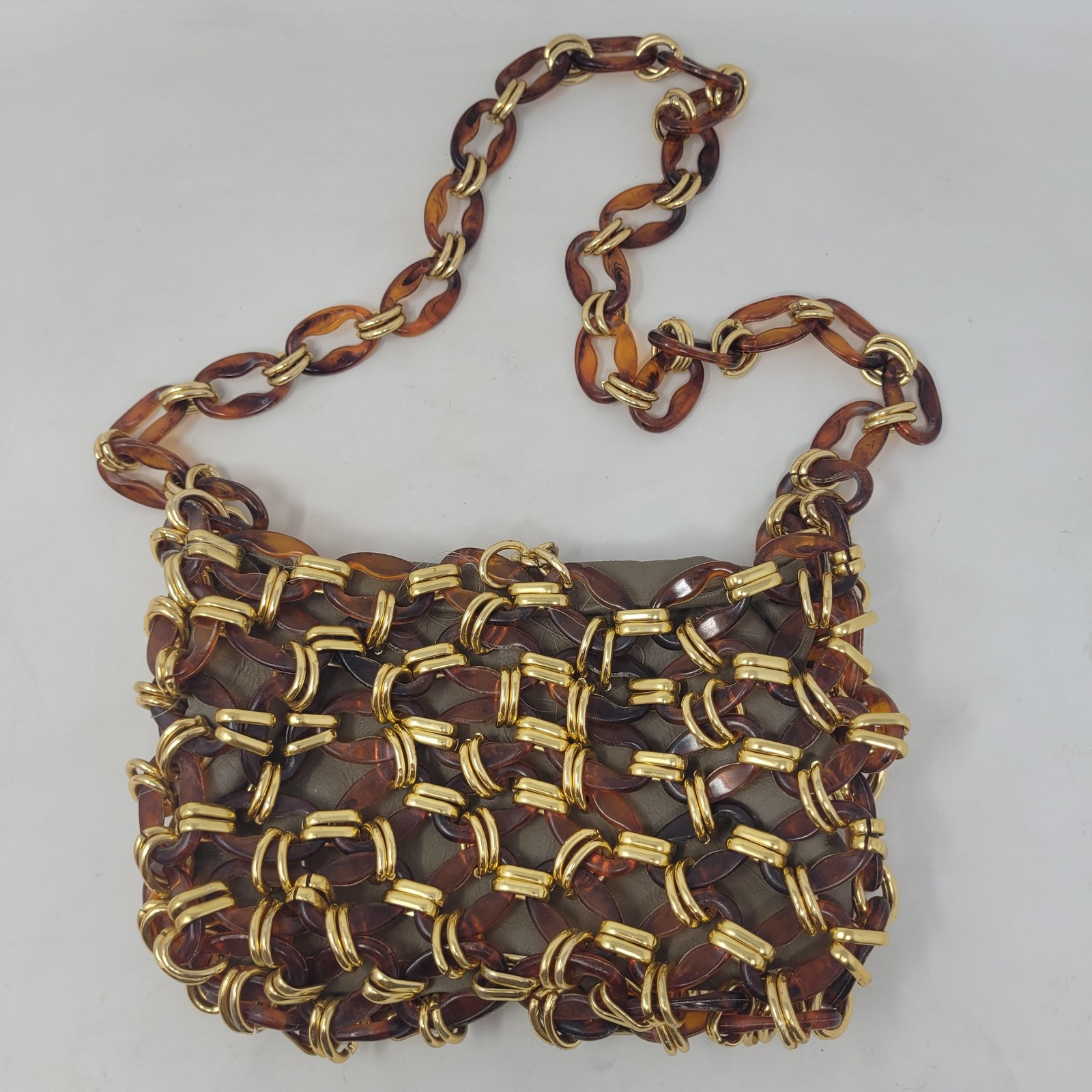 Vintage Tortoise Shell Chain Link Shoulder Bag Brown Leather Statement Disco 70s