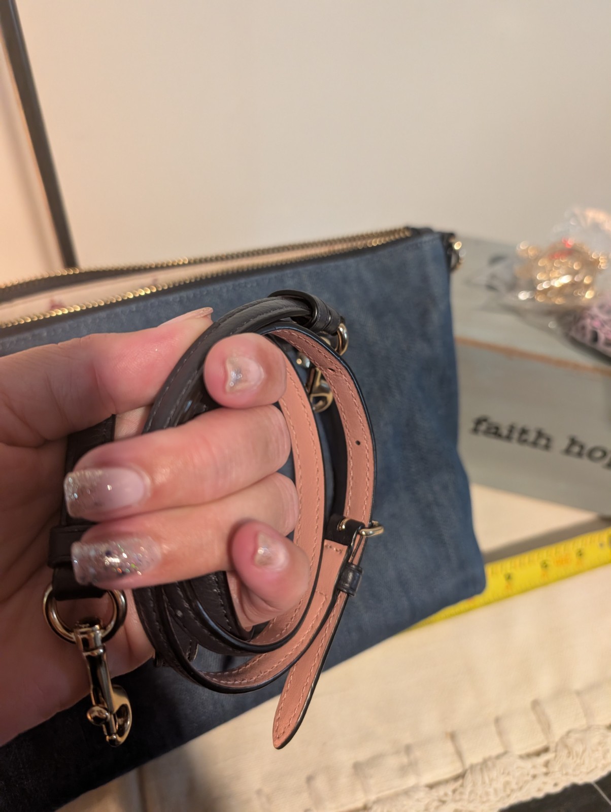 Coach Denim Navy Satchel Crossbody Gold Accents, Pink Interior