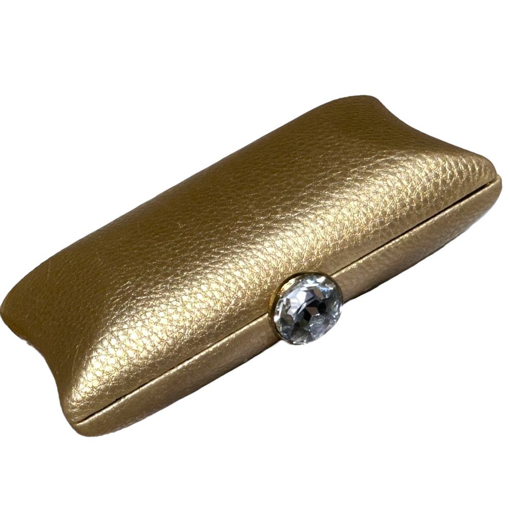 Lulu Townsend Gold Pebbled Rhinestone Clasp Metal Chain Hard Rectangle Clutch