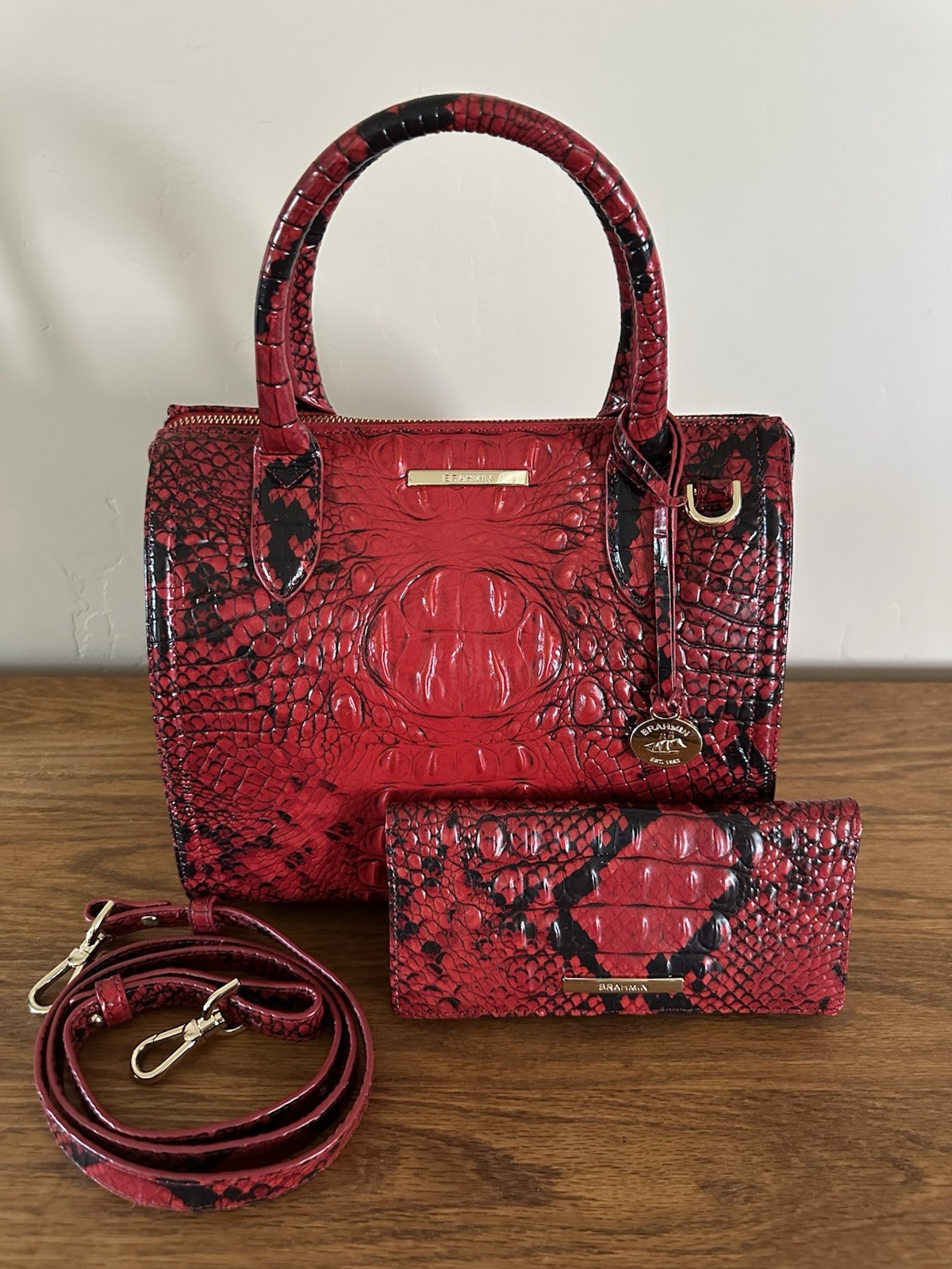 Brahmin Small Caroline Handbag Lipstick Red Black Snakeskin W/Wallet Ombre MINT