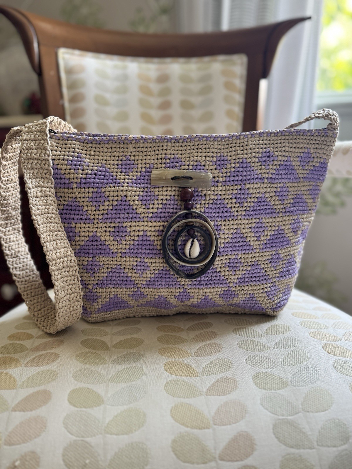 Chikumbuso Recycled Woven Lilac Purple Tote Bag Handmade Summer Seashell Charm