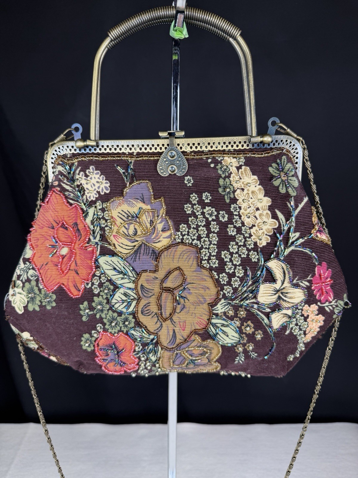 Elegant Embroidered/Tapestry Beaded Purse. Handle Or Shoulder Chain.