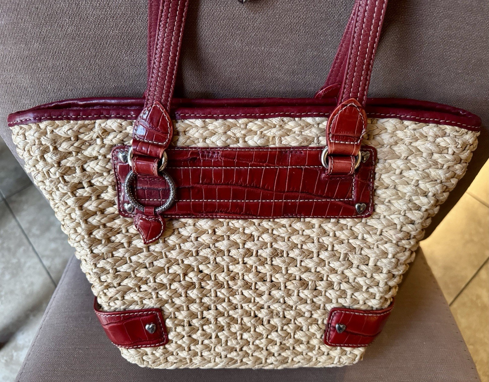 Brighton Women’s Straw Tote Purse Vintage 13.5 “X 8.5 ” Small Crack In Trim Pic