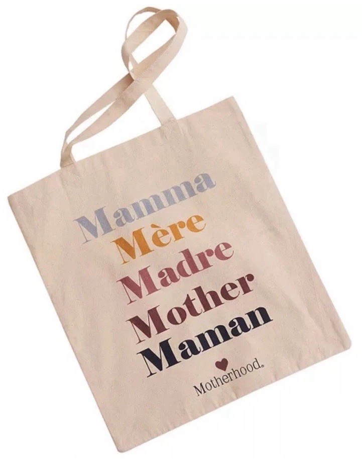 Motherhood Maternity Natural Cotton Multiple Language Mom Graphic Tote Bag NWT