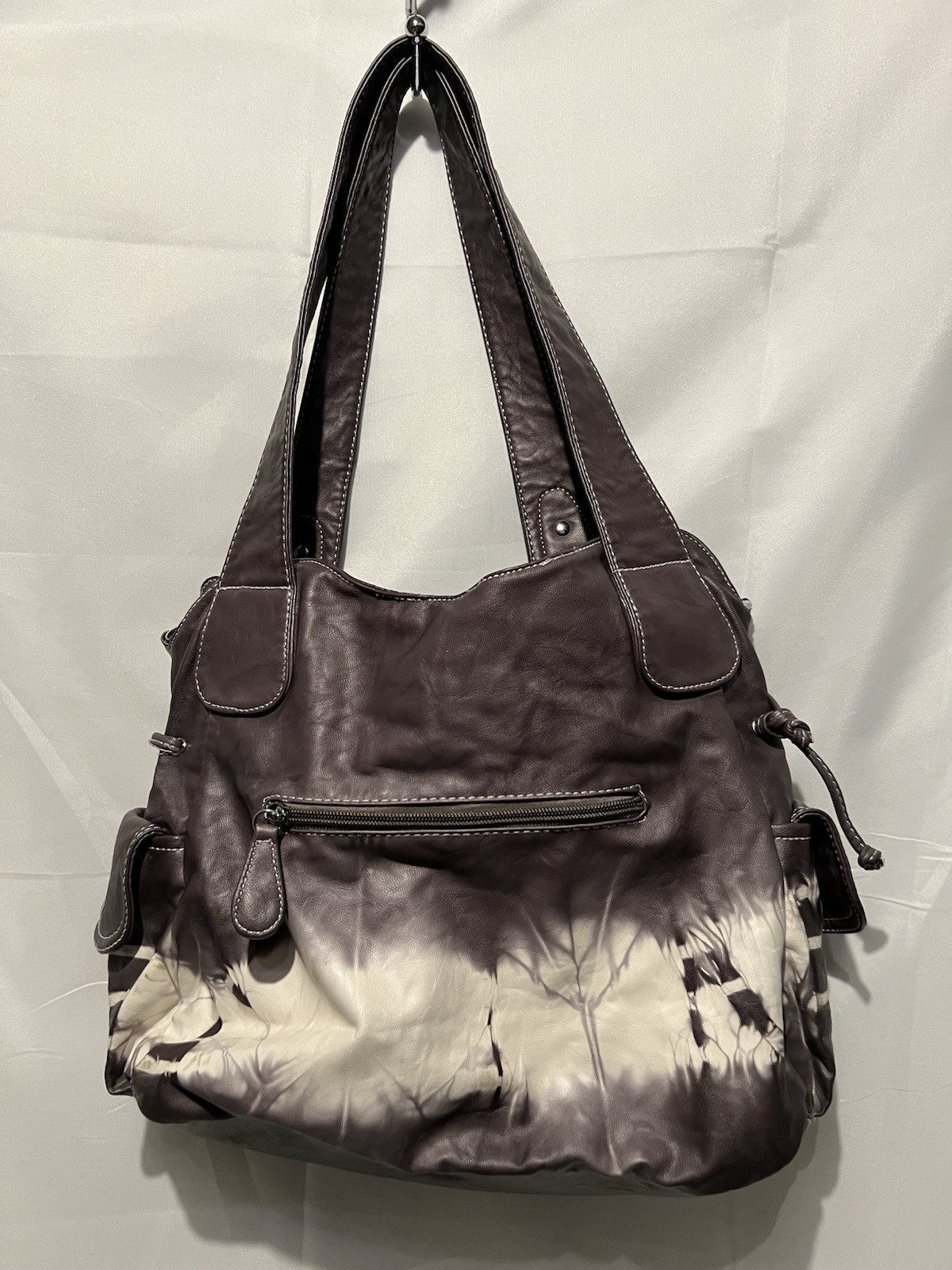 Angel Kiss Tie Dye Shoulder Bag Gray White Pockets Zipper Hobo 15”x12” EUC