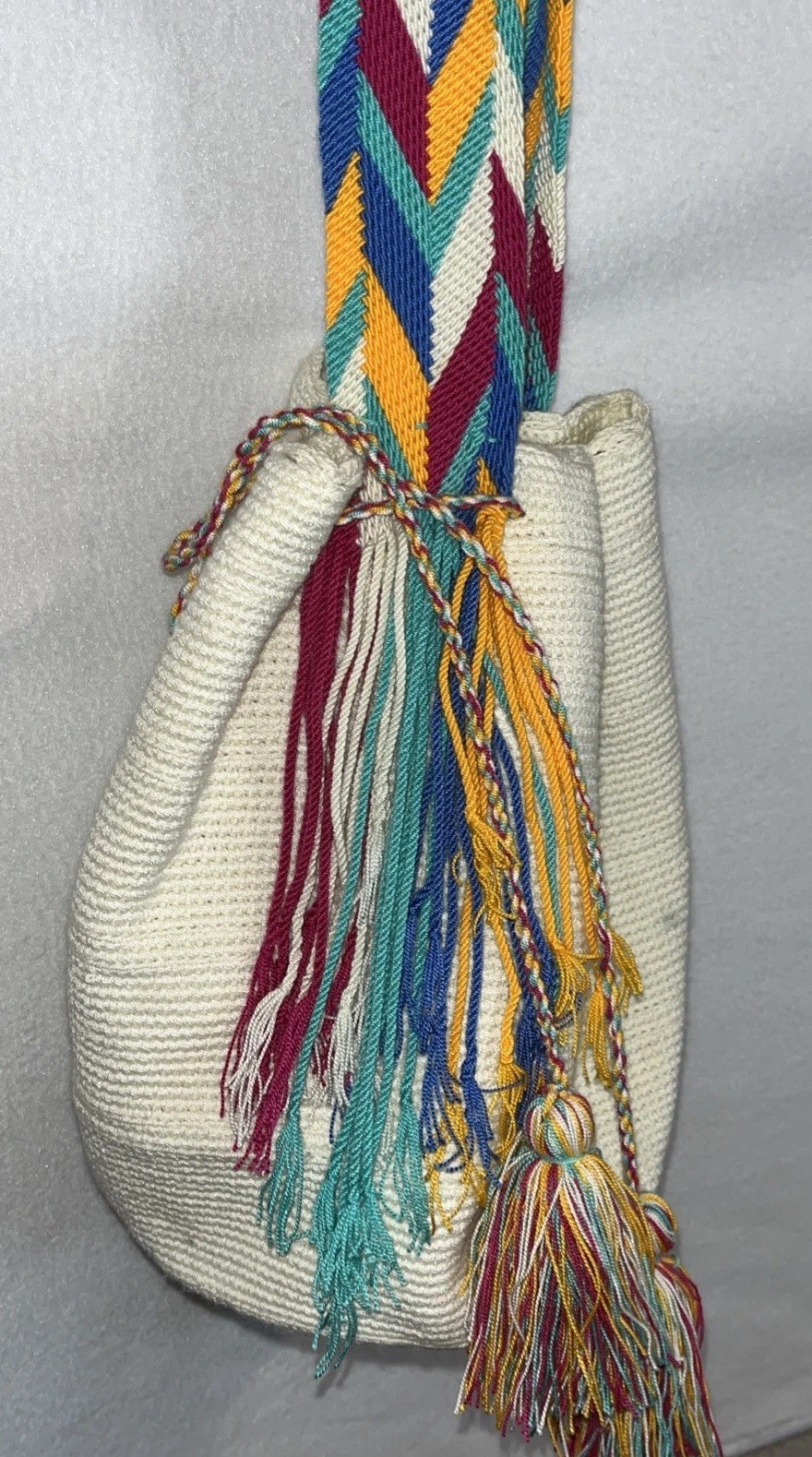 Ivory Woven Neon Tassel Bucket Thick Shoulder Bag Pink Blue Yellow Purple