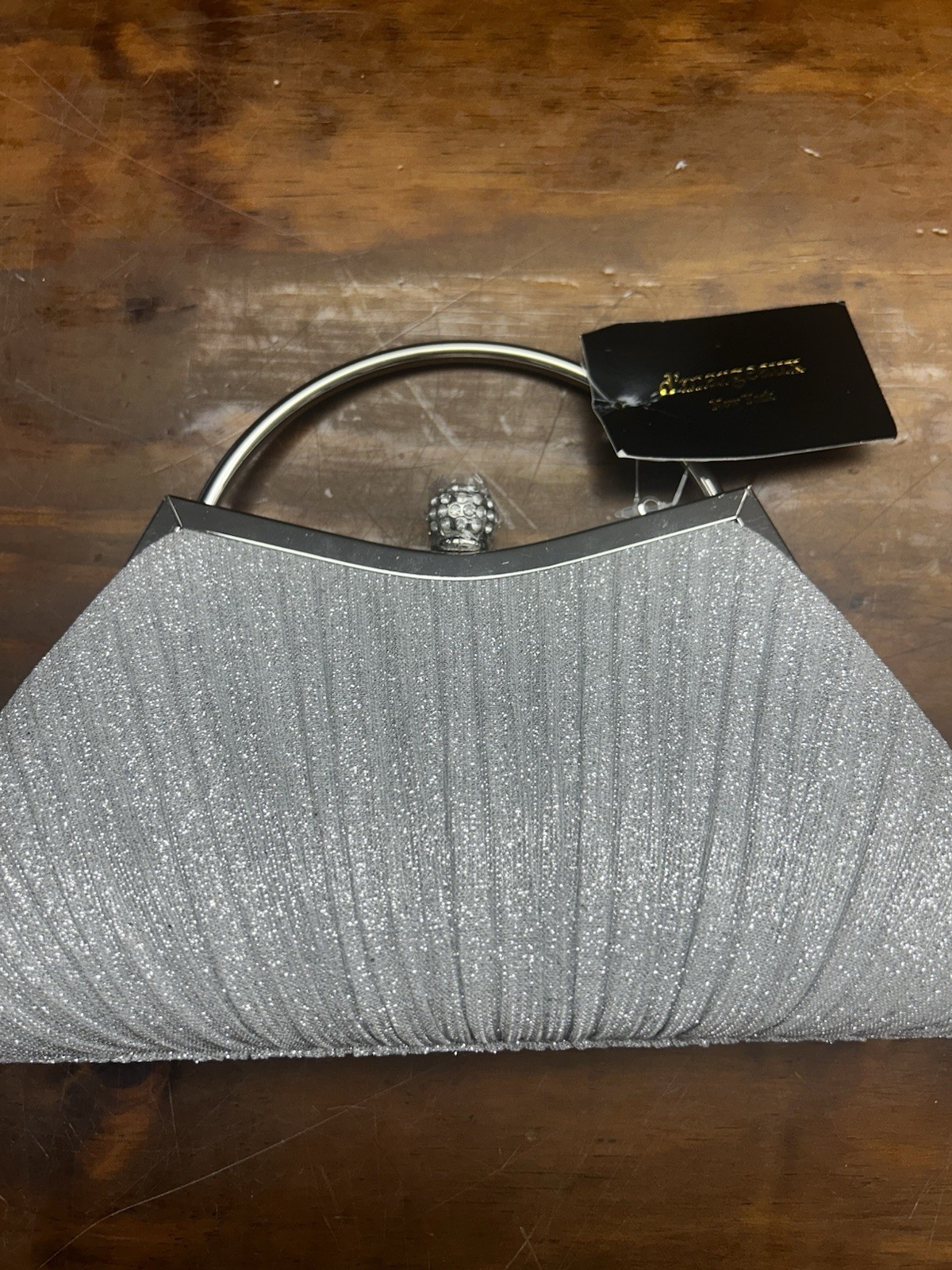 Silica Silver Glitter Clutch Top Handle Clasp Detachable Strap Lined Formal