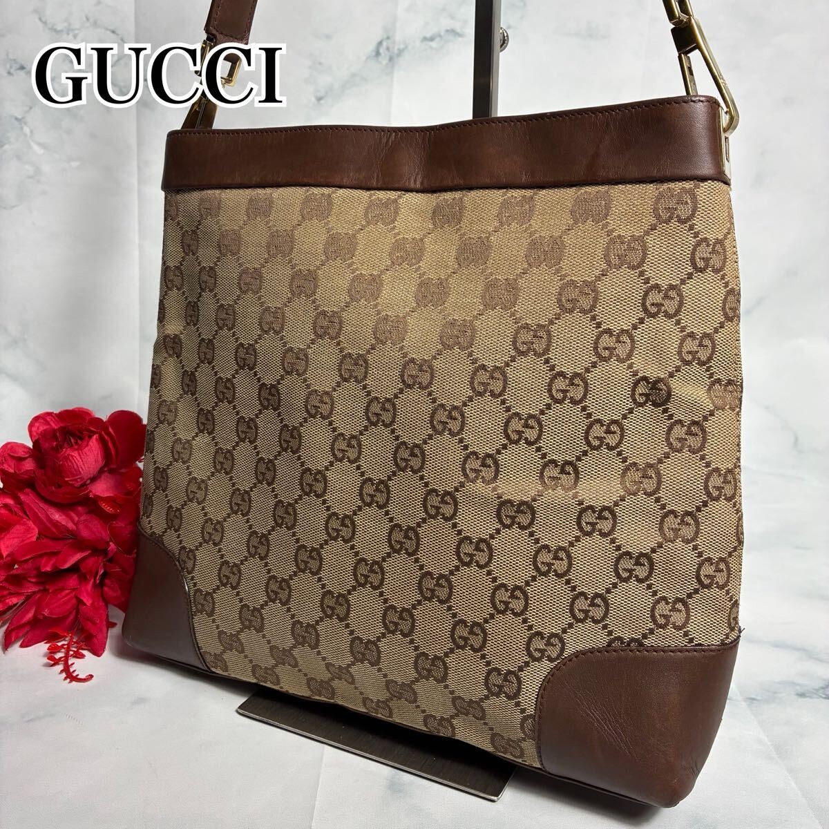GUCCI One Shoulder Handbag GG Pattern Canvas Brown