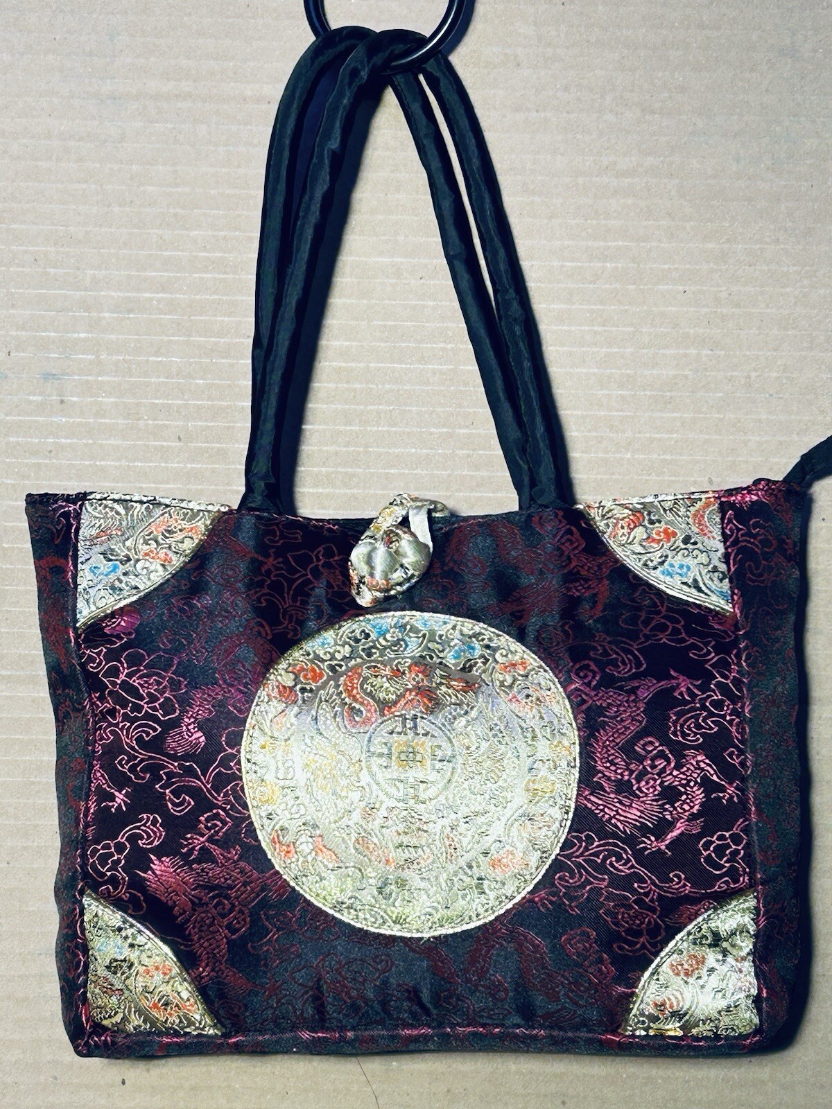 Asian Influence Purple Black Silver Silk Embroider Dragon Accent Purse