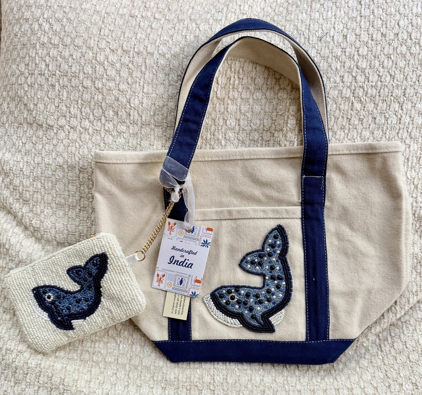 Handcrafted In India Beaded Whale Canvas Small Tote Blue Navy Base Coin PouchNWT