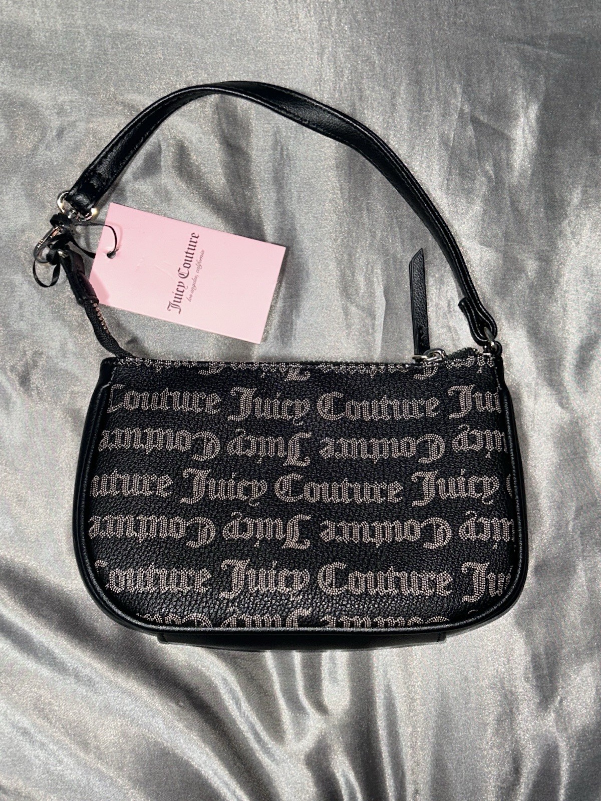 Juicy Couture Black/Gray Logo Zip Small Shoulder Bag, Lined, Silver Hardware
