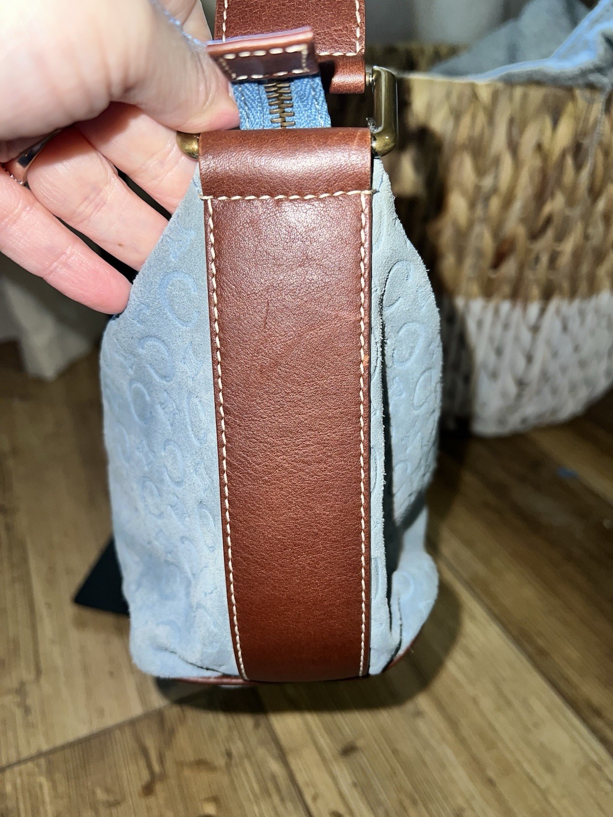 CELINE C Macadam Shoulder Bag Suede Light Blue Gold