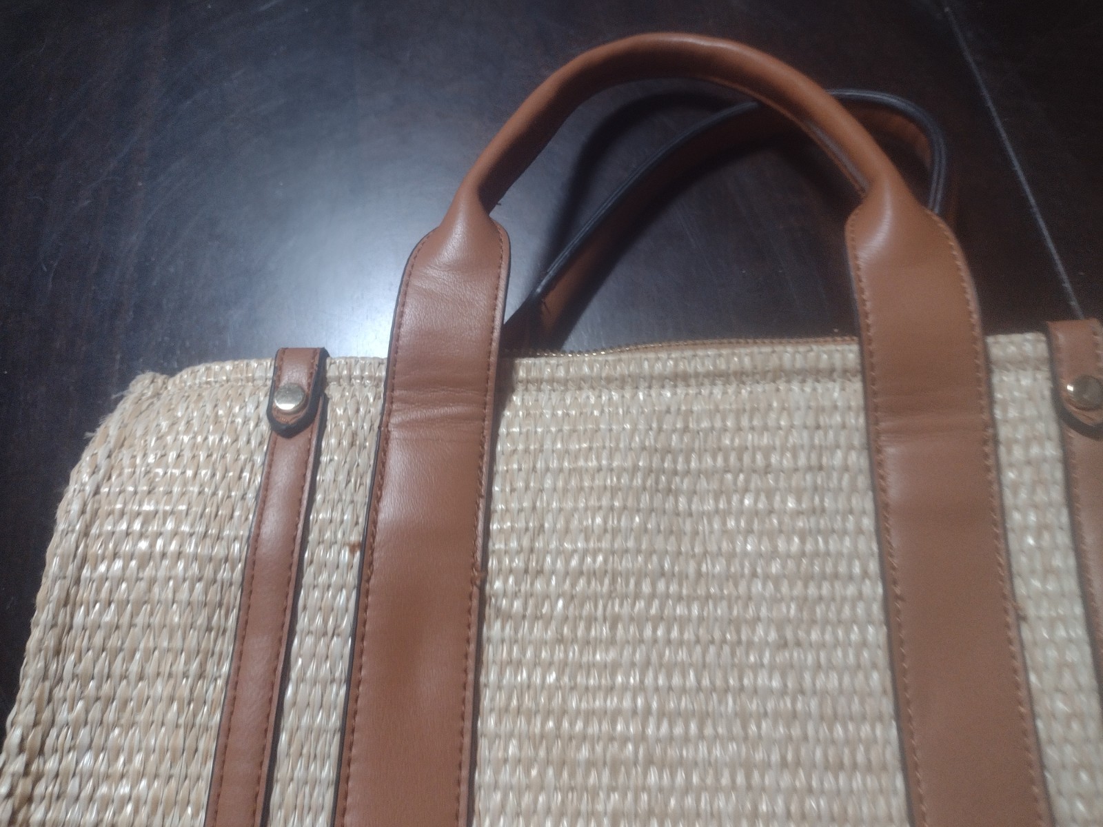 Beige/Brown Tote Bag Zip Top Double Handles Lined Inner Pockets Gold Hardware