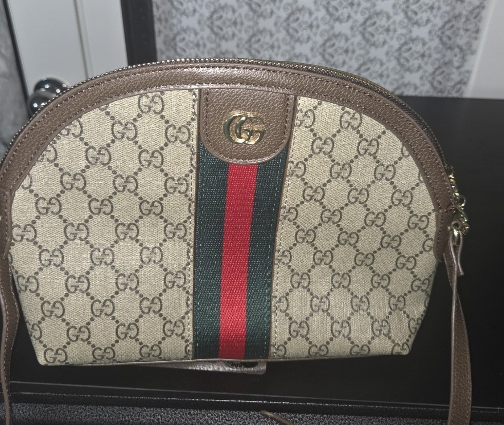 Gucci Beige/Brown GG Monogram Dome Wristlet Clutch Web Stripe Zip Gold HW