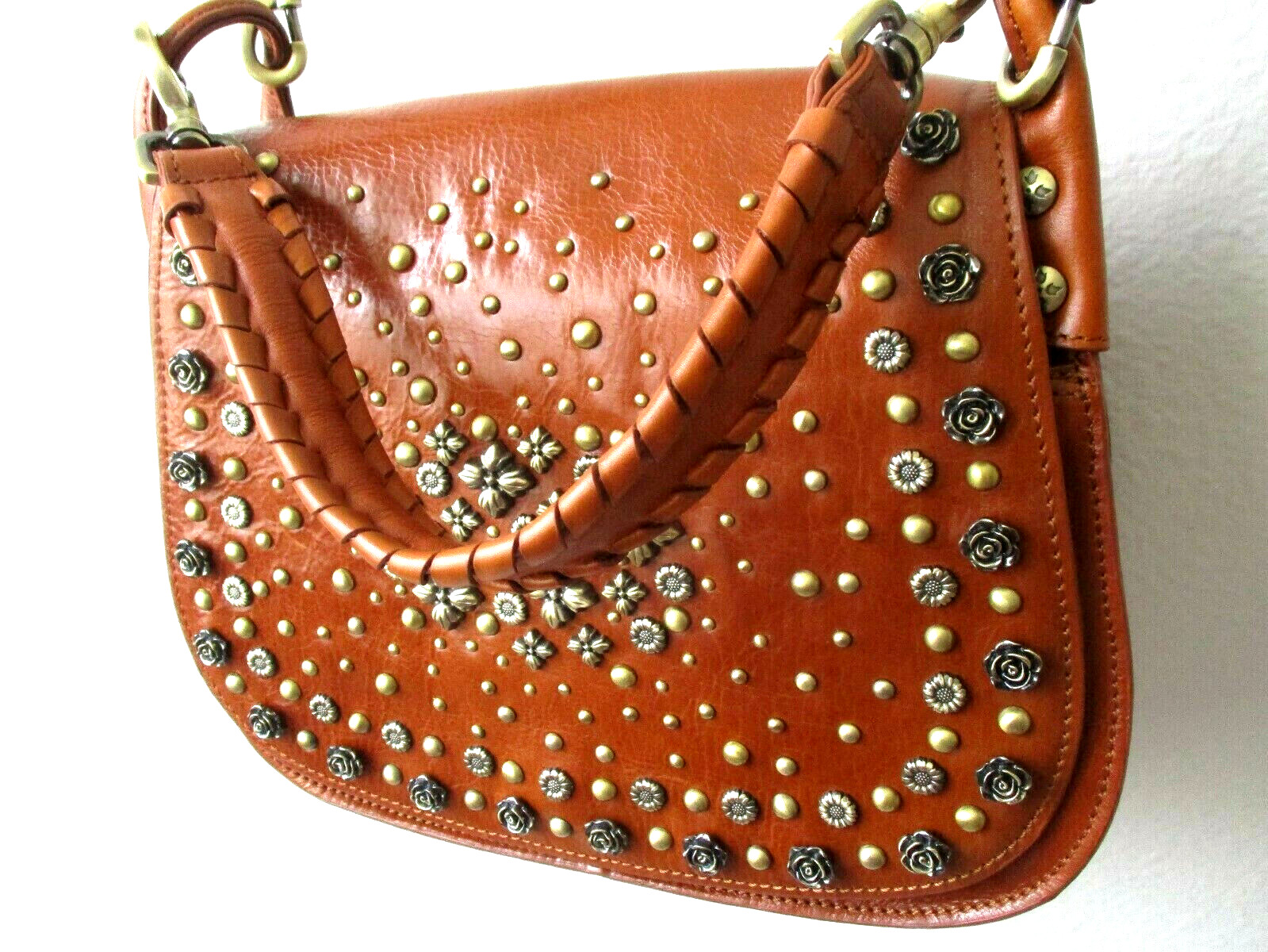 Patricia Nash Discovery Collection Avezzano Tan Leather Studded Satchel Bag $449
