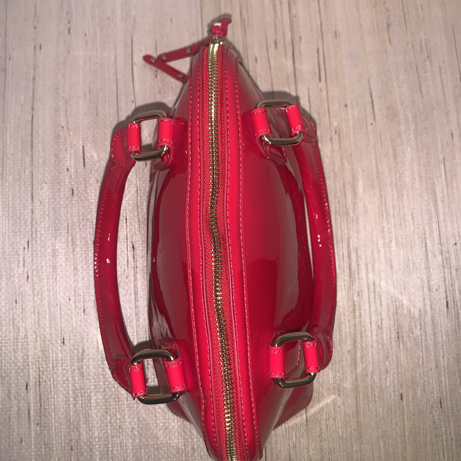 BCBG Red Patent Faux Leather Dome W/ Gold Hardware Handles Satchel Preppy