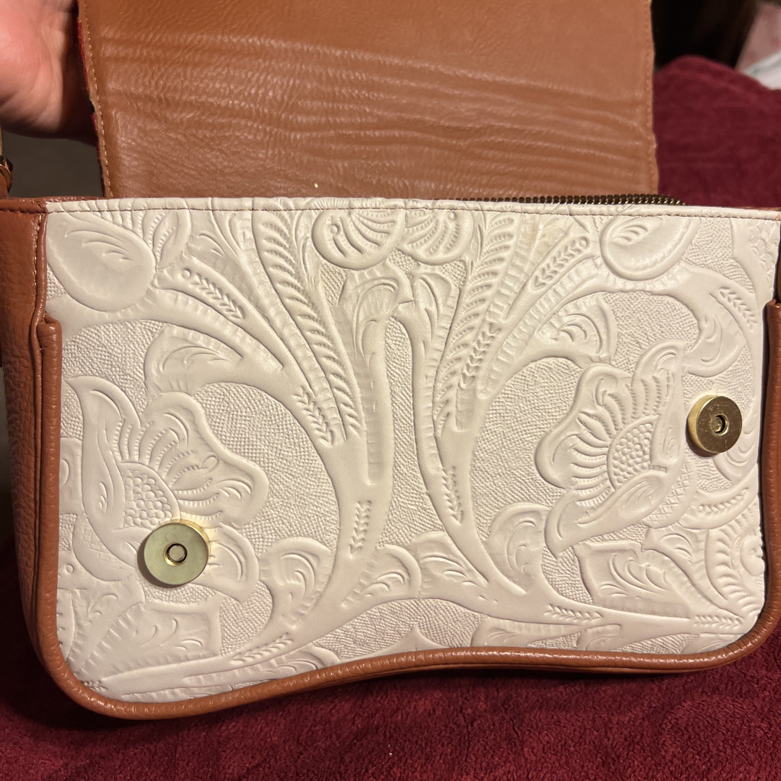 Artisan made vibrant, hand-embroidered floral & tooled design. Crossbody
