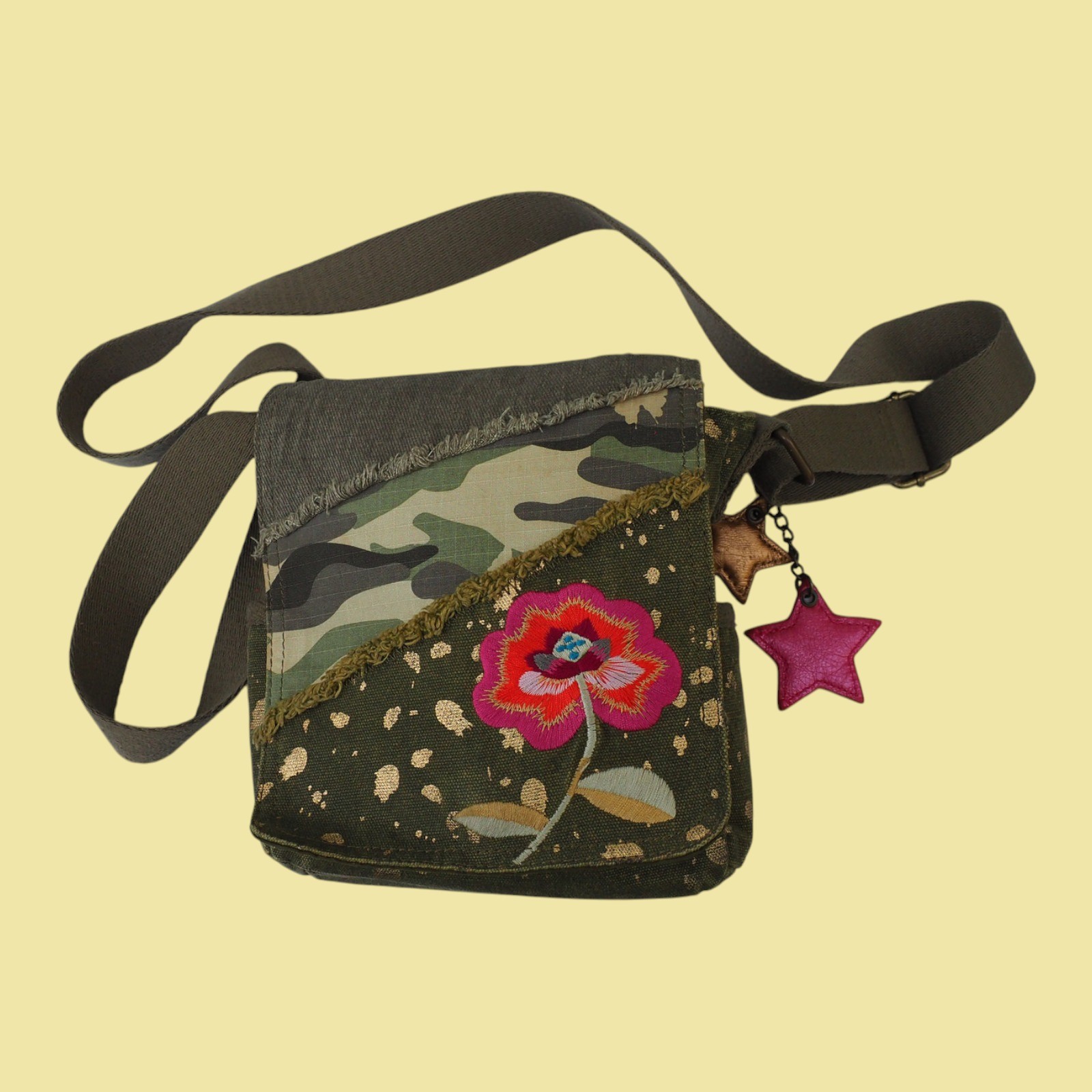 Vintage Addiction Recycled Canvas Crossbody Bag Camo Floral Gold Splatter Green