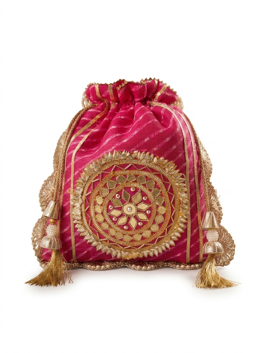 Indian Leheriya Gotta Handwork Flower with Pearl Lace and Handle Party Potli Bag