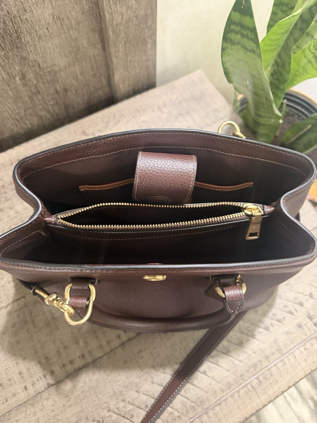Coach Brown Pebbled Medium Satchel Top Handle Zip Detachable Strap Gold HW