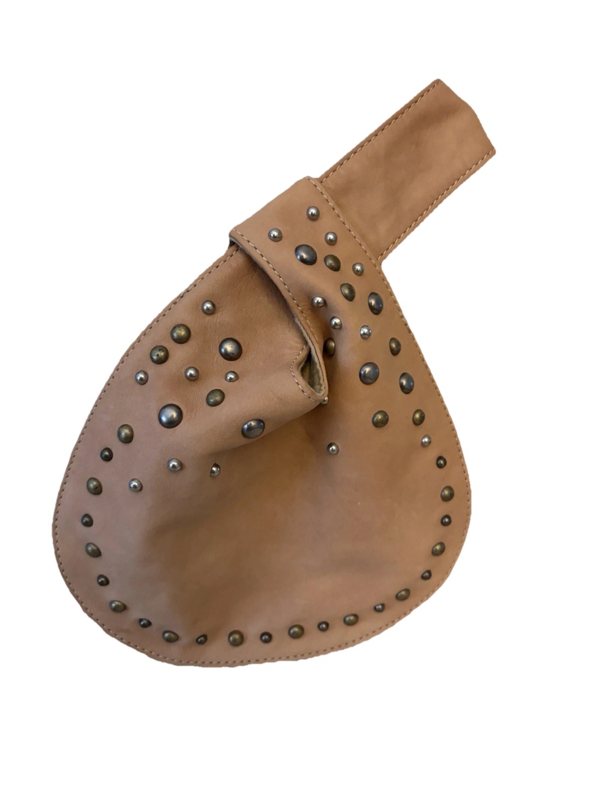 Nordstrom Neutral Tan Studded Leather Hobo Clutch Minibag 9×8″ Unique Boho Chic