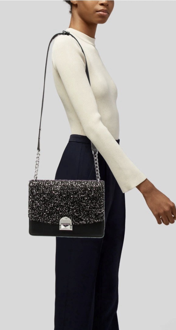 kate spade new york Small Black Glitter Flap Crossbody Chain Strap Silver