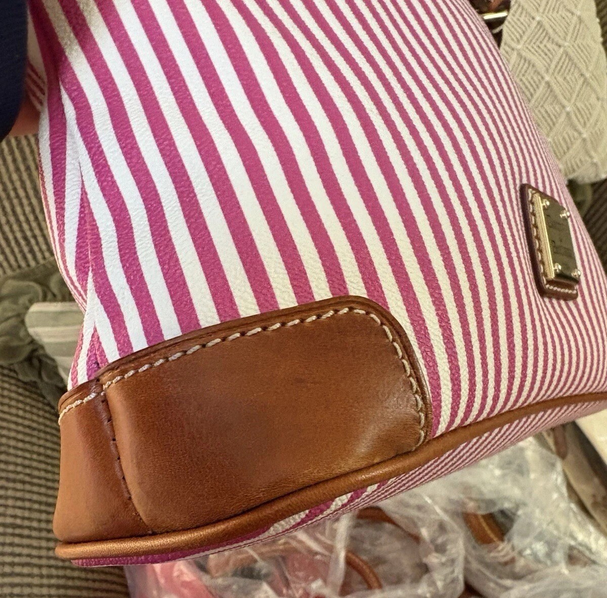 Dooney Bourke Seaview Fuchsia Pink Stripes Large Tote & Crossbody Bag Bundle Set