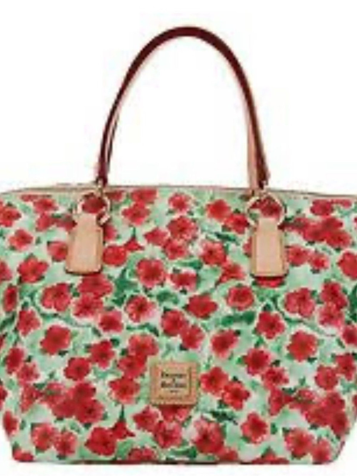Dooney & Bourke Red Floral Tote with Tan Leather Handles