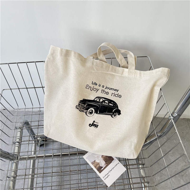 Clearance 55% OFF Black Car 100% Canvas Cotton Beige Double Handle Tote Bag L