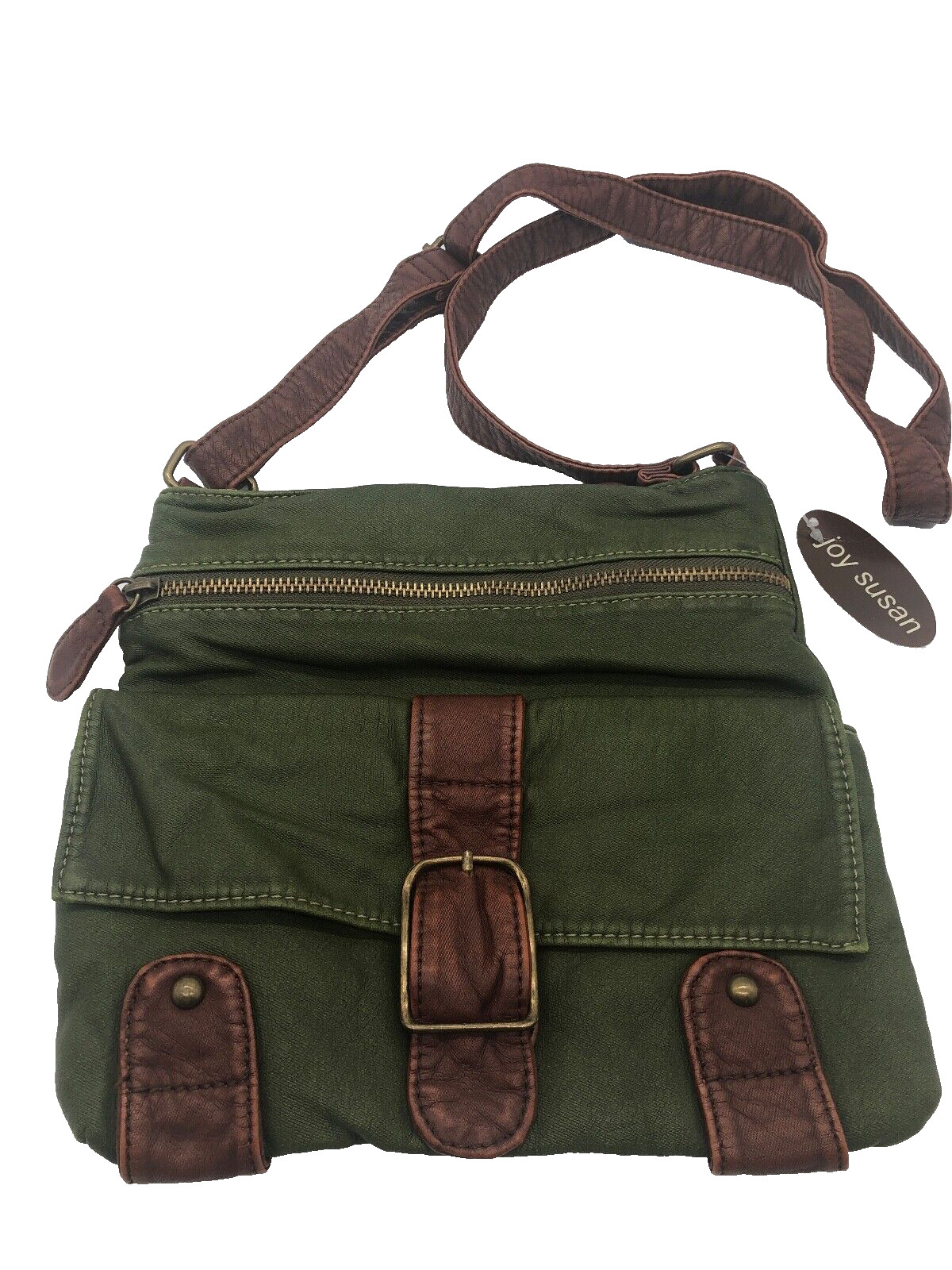 JOY SUSAN Crossbody Washed Mini Bag 100% PU Green & Brown NEW