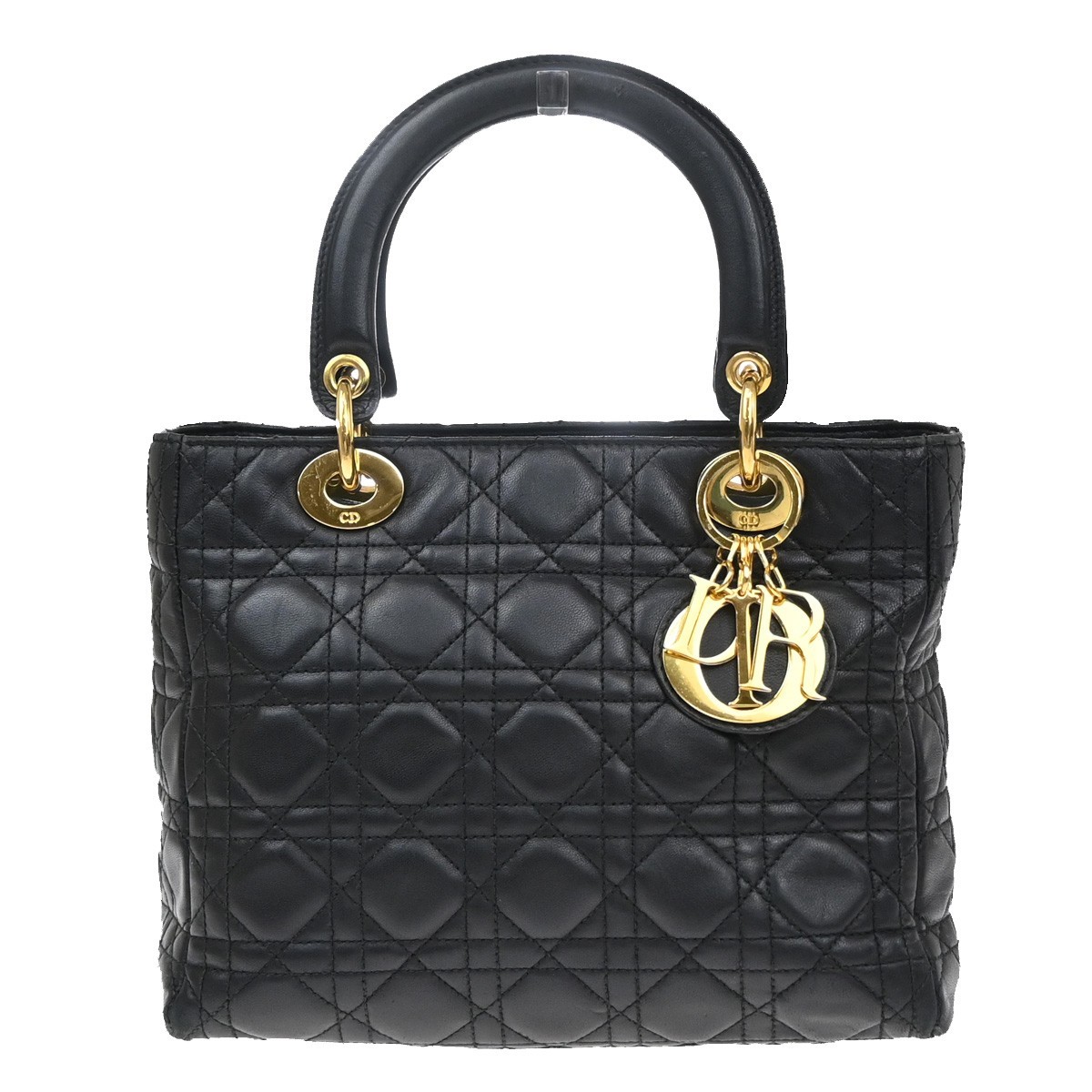 CHRISTIAN DIOR Lady Cannage Hand Tote Bag Leather Black Gold Italy 46RQ062