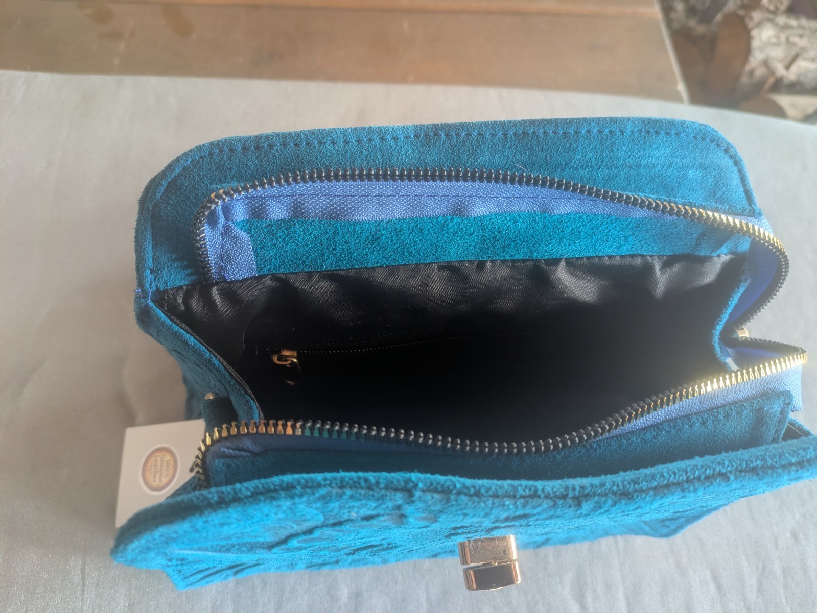 Handmade Turquoise Blue 100% Leather (Suede) Paisley Pattern Backpack/ Purse NWT