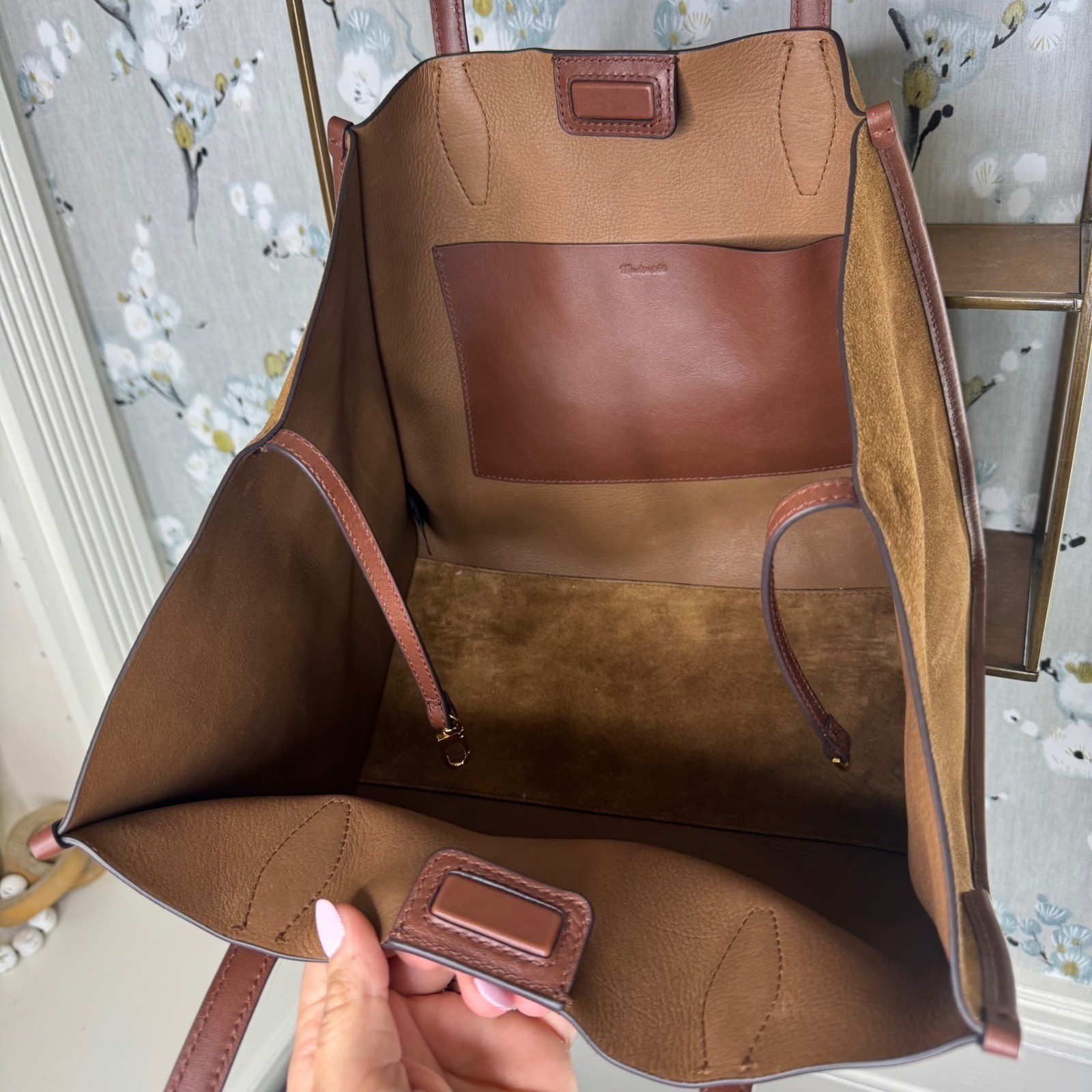 Madewell Sydney Tote Bag Brown Suede Leather Trim Large Winged Carryall