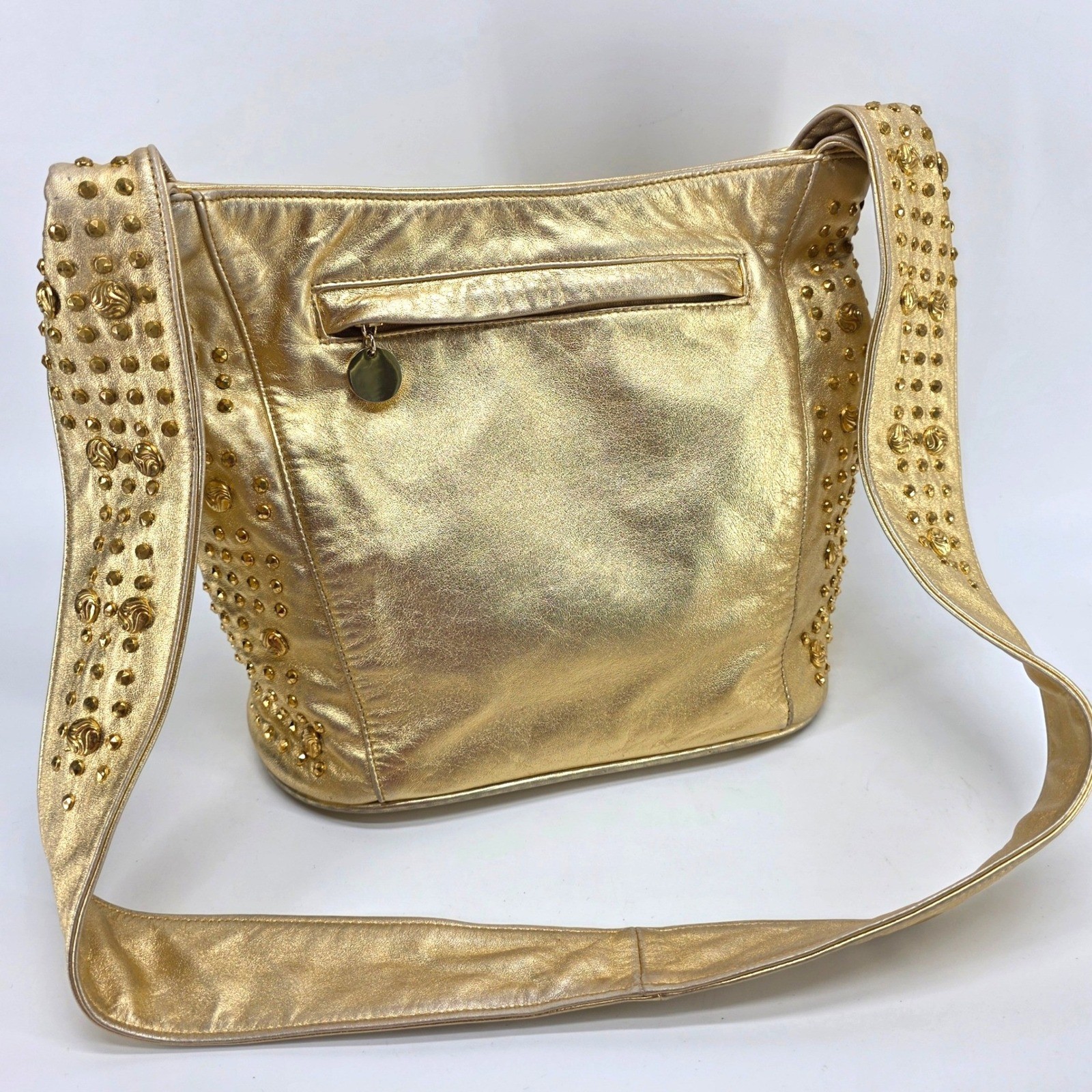 Vintage Dawli Leather Handbag Gold Metallic Studded Hobo Shoulder Bag USA 80s