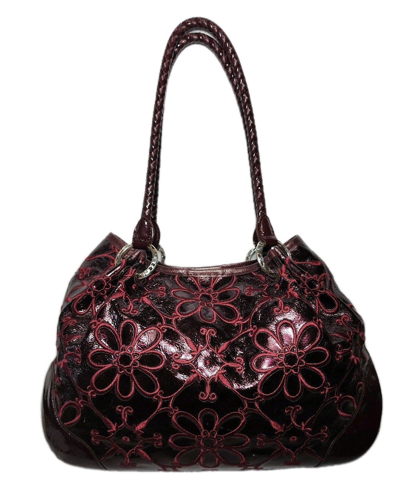 BRIGHTON VALENCIA BLACK CHERRY FLORAL EMBROIDERED TASSELED HANDBAG SHOULDER BAG