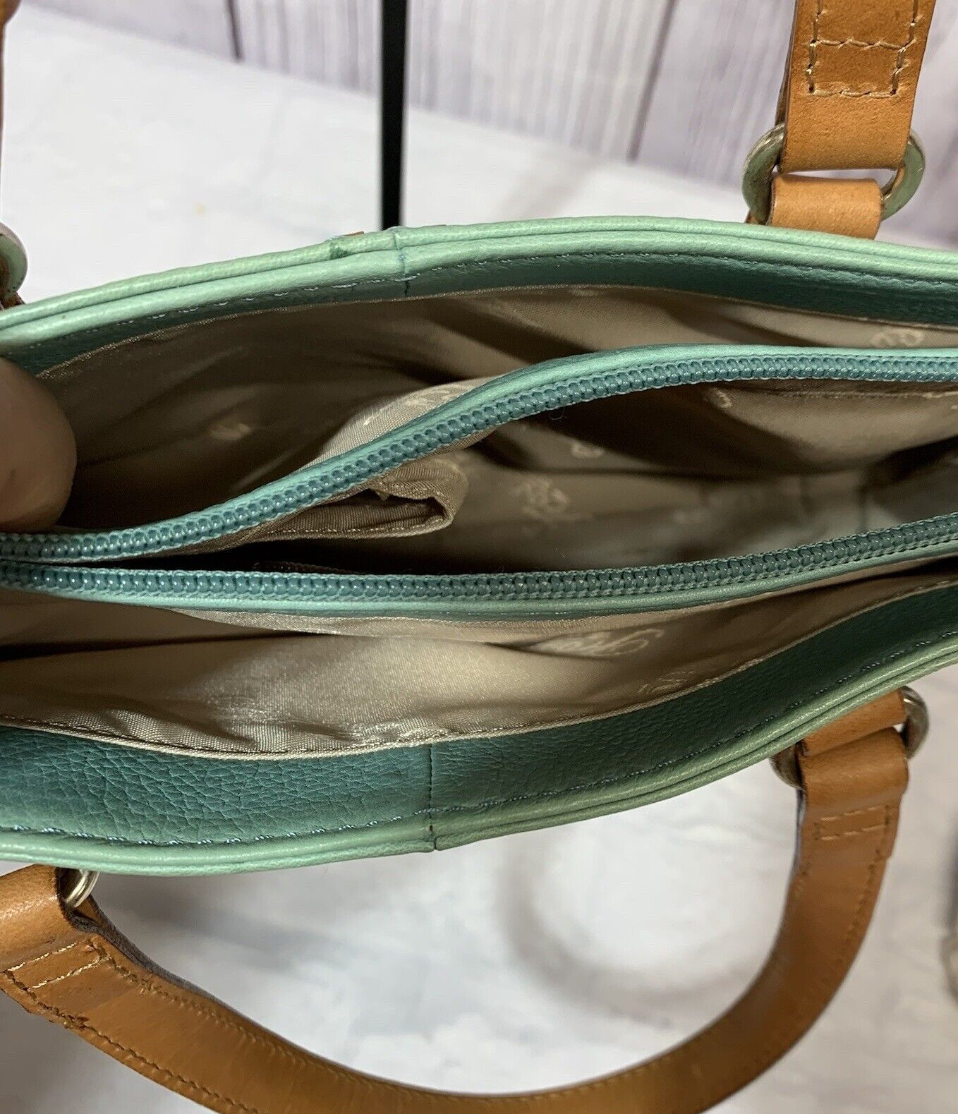 Fossil Pebble Leather Small Mini Satchel Purse Green Triple Entry ZB7013 READ
