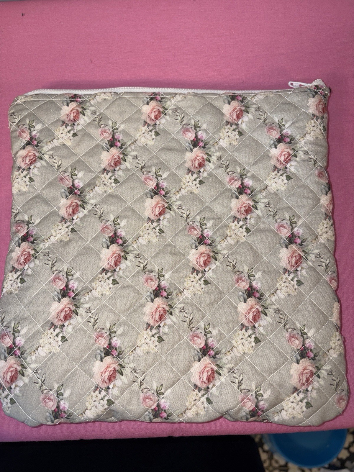 Green and Pink Floral Quilted Pouch with Zipper Closure