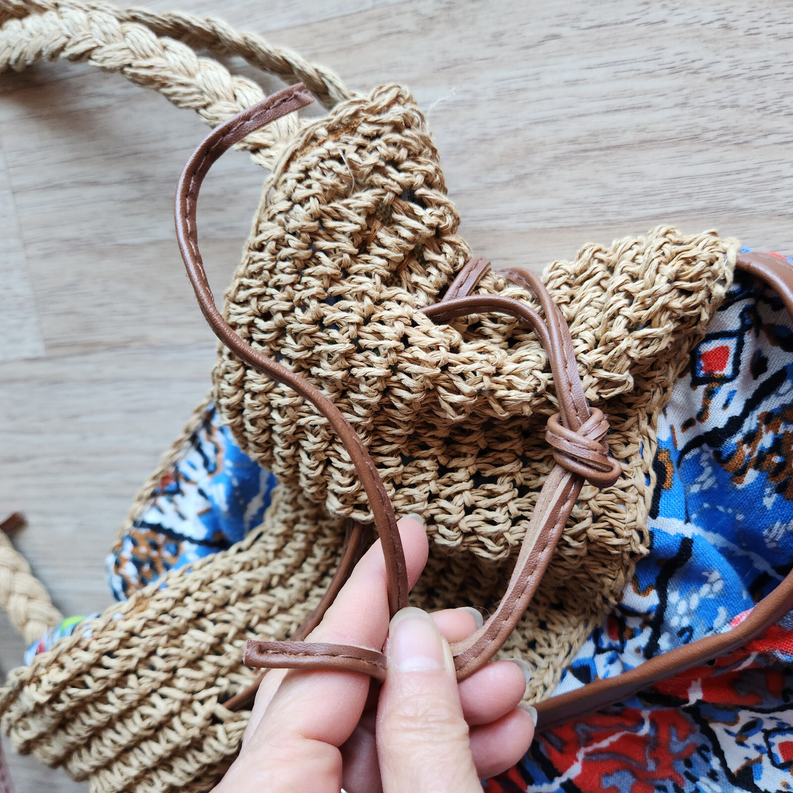 Capelli Straworld Woven Straw Cotton Fabric Boho Summer Shoulder Bag Drawstring