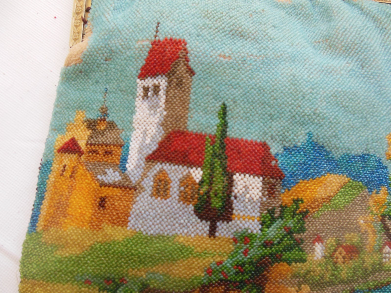 Large Antique Hand-Beaded Purse w European Village on Cliffside River Scene