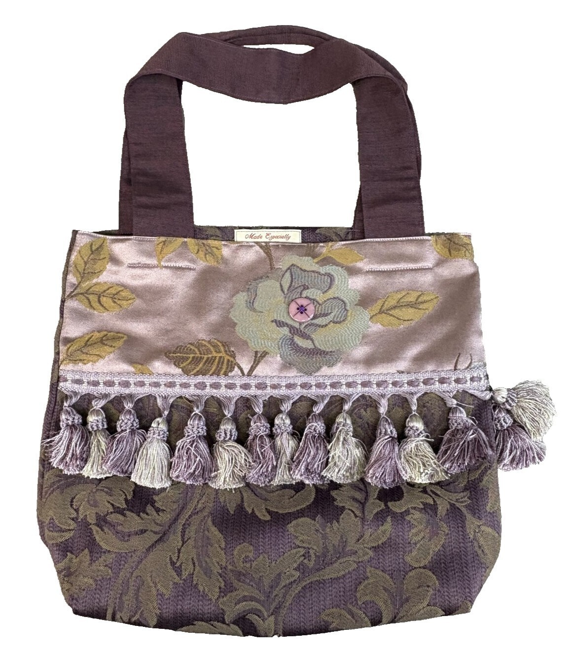 Satchels of Caring Tote Bag Womens Large Purple Gold Floral Tapestry Tassel Boho