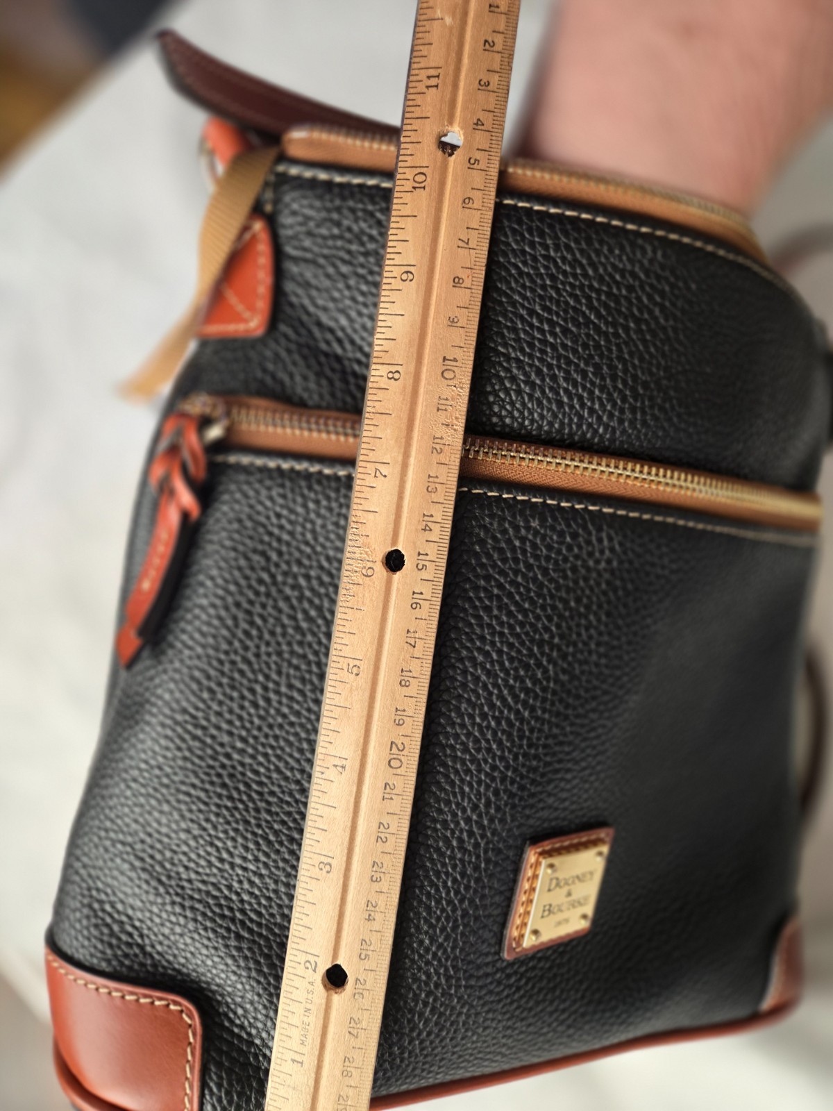 Dooney & Bourke Black Pebbled Grain Leather Crossbody With Brown Trim & Strap