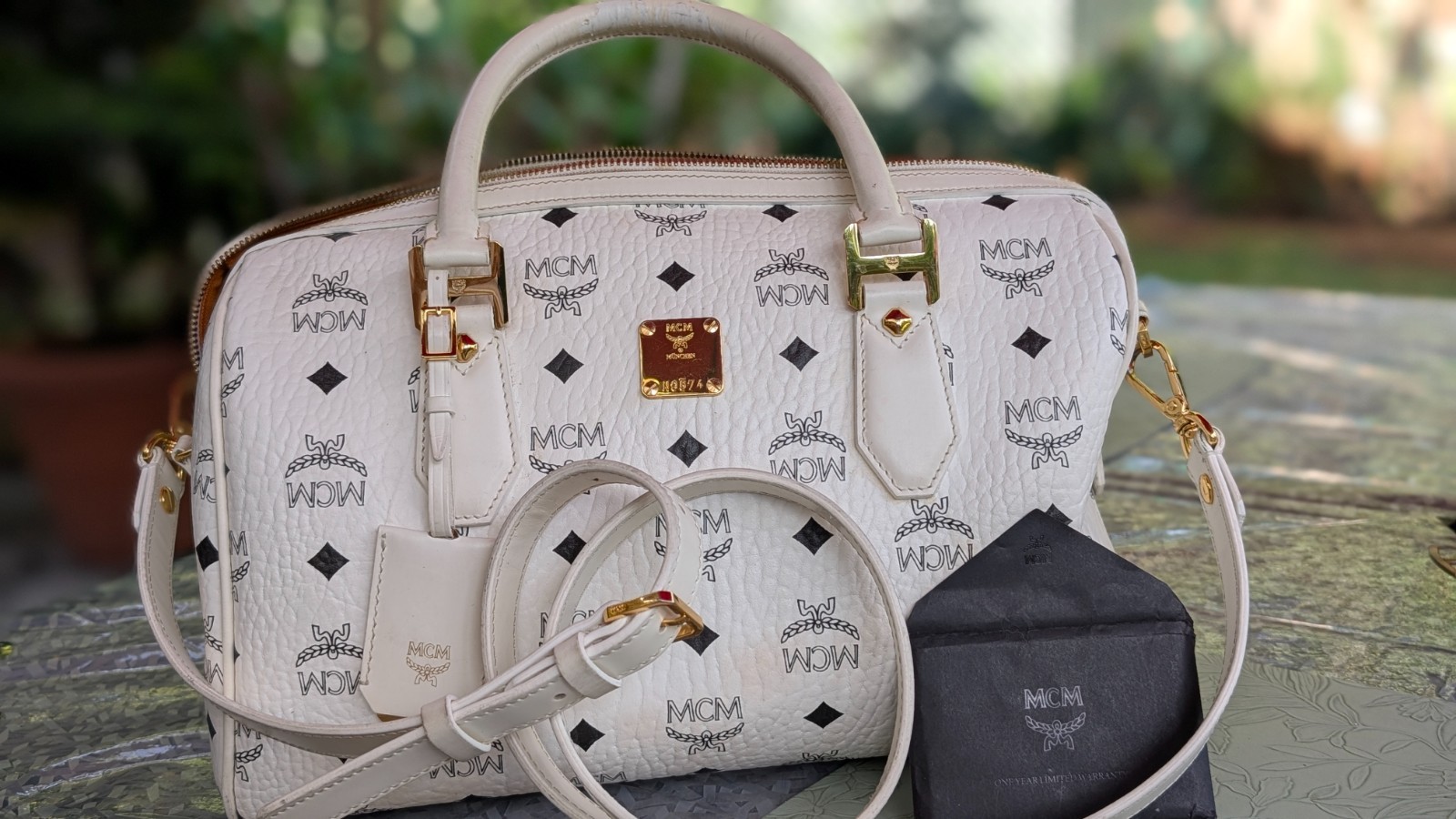 MCM HERITAGE BOSTON BAG, WHITE WITH SHOULDER STRAP, DUST BAG AND SMALL TAG