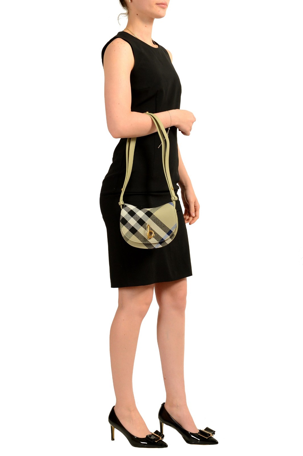 Burberry “Mn Rocking Horse” Leather & Canvas Black Plaid Handbag Shoulder Bag