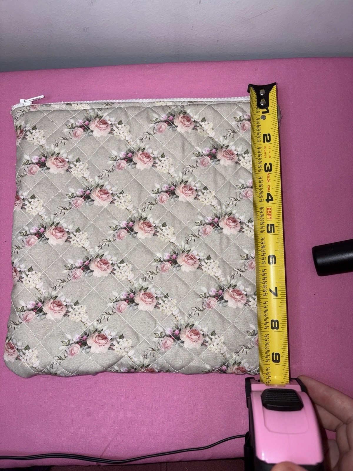 Green and Pink Floral Quilted Pouch with Zipper Closure