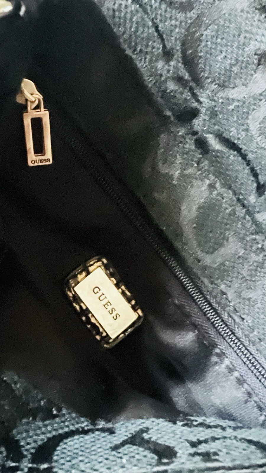 GUESS Black Gold Mini Shoulder Bag Logo Print Faux Croc Trim Turn Lock Purse